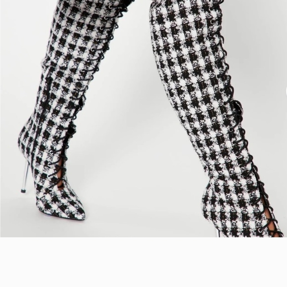 Fashion Nova Black and White Houndstooth Heeled Boots